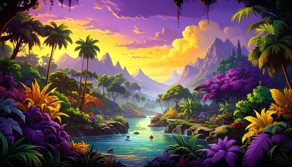 Lush landscape. A vibrant sunset bathes a tropical jungle, with mountains, flowing water, and colorful vegetation