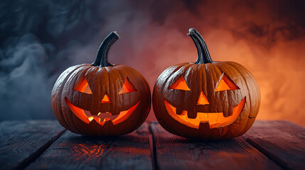 Two carved pumpkins glowing in the dark