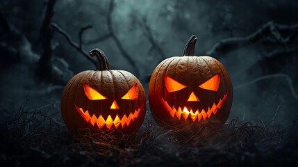 Two eerie jack-o'-lanterns glowing in the dark