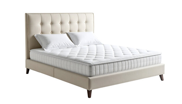 Elegant queen-size bed with a beige upholstered frame and tufted headboard, featuring a comfortable white mattress and two pillows. Modern bedroom furniture isolated with a transparent background.
