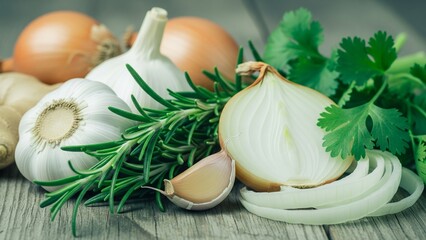 Close-up food still life showing fresh rosemary needles resting beside garlic bulbs, onion layers, ginger roots, and coriander leaves on aged wood, cool green tones enhancing a clean healthy aesthetic