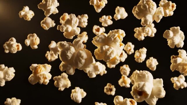 Delicious popcorn explosion: cinematic motion of fluffy kernels in the air