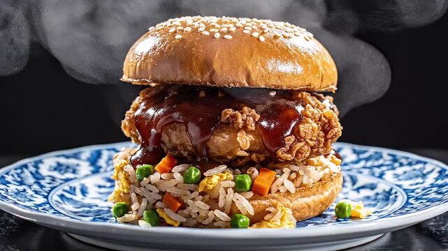 Gourmet Asian Fusion Fried Rice Burger with Crispy Chicken and Glazed Sauce