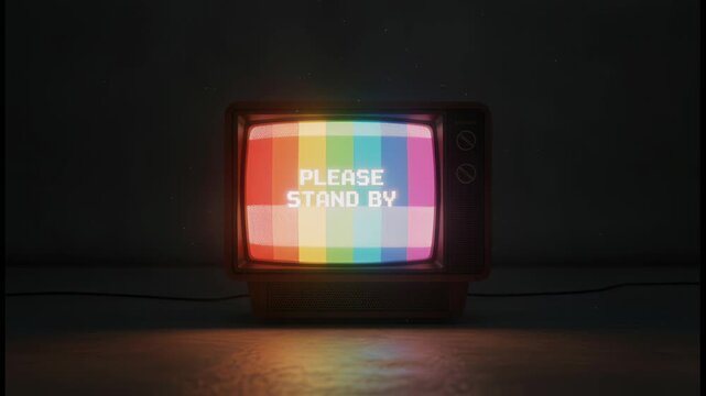 Glowing retro television in a dark room displaying a flickering please stand by message over rainbow color bars, representing a broadcast interruption or technical difficulties