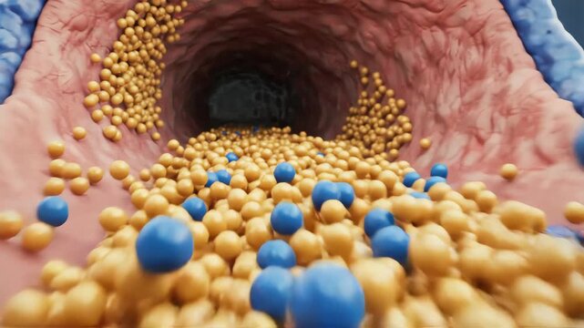 Lipid imbalance in the bloodstream. A fatty liver releases more triglycerides and VLDL particles, while HDL remains comparatively lower. Blood vessel cross-sections show denser particle traffic