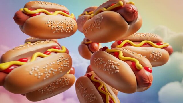 Whimsical hot dog balloon bouquet soaring through dreamlike rainbow cloudscape