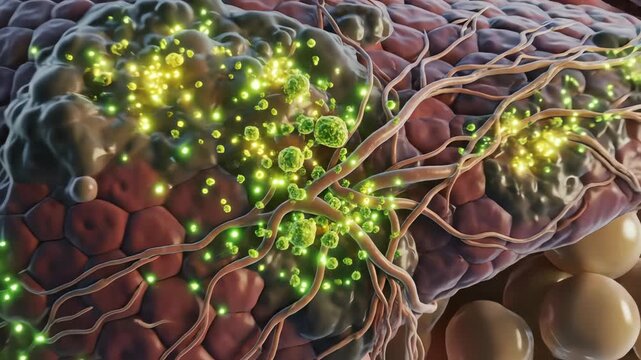 Chronic low-grade liver inflammation triggered by fatty buildup. Immune signaling molecules glow persistently within liver tissue instead of switching off after normal repair. 