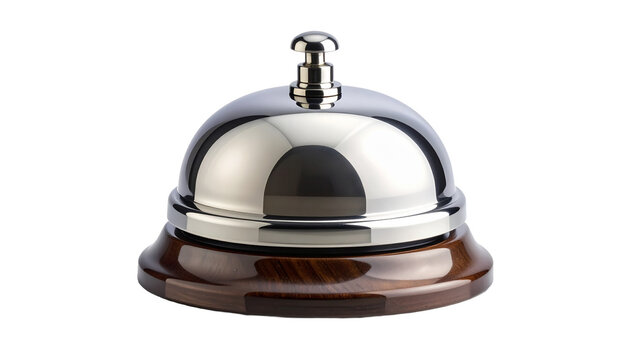 Classic hotel reception service bell with a shiny chrome top and a dark polished wooden base. Object used for calling for attention or service at a front desk. Isolated with a transparent background.