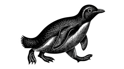 Fototapeta premium Vintage engraving style illustration of a walking penguin. Detailed black and white aquatic bird drawing, isolated.