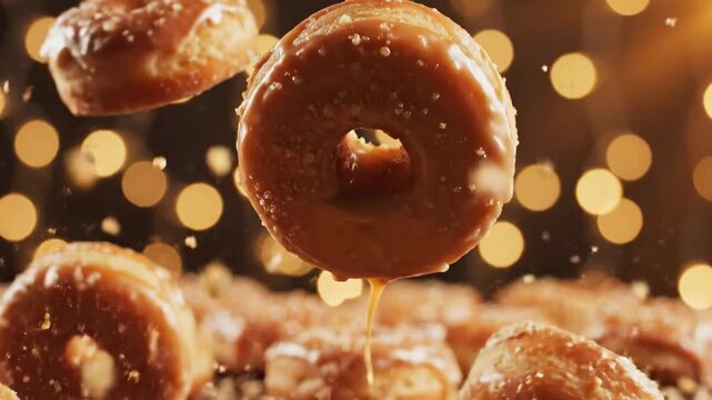 Falling donuts with sugar sprinkles against festive bokeh background