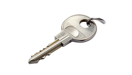 Single silver metallic door key with a key ring, isolated on a clean white background. Concept of access, security, privacy, and real estate. Realistic object with a transparent background.