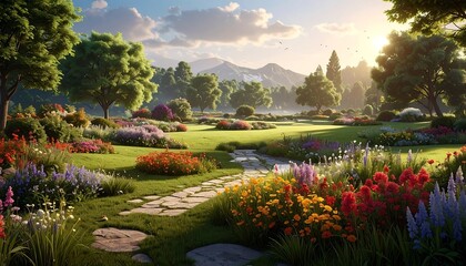 Lush landscape scene featuring a vibrant garden with colorful blooms, pathway, and distant mountains under a sunny sky