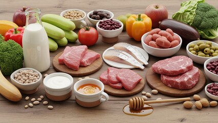 Balanced Healthy Food Selection on Rustic Wooden Background
