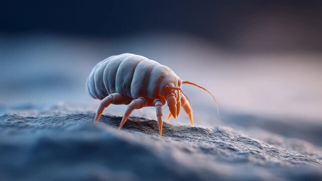 Microscopic dust mite crawling across textured surface, revealing potential health risks from allergenic movement and respiratory irritation associated with household microorganisms