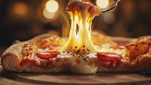 Melting cheese pull of delicious pepperoni pizza under warm bistro lights