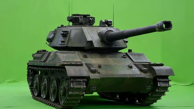 Front View Heavy Battle Tank Rotating Turret on Green Screen