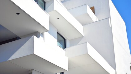 Obraz premium Modern architectural structure with white angular elements and balconies against a bright blue sky. A design of geometric precision