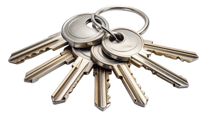 Close-up of a bunch of different metallic brass and silver keys on a single keyring, symbolizing access, security, property ownership, and real estate solutions. Isolated with a transparent background