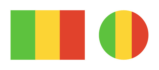 Mali round, rectangular country flag icons. National Mali circle, rectangle flags set. Republic of Mali circular shape button, badge, banner.