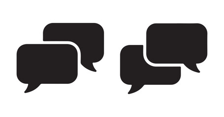 Two overlapping black speech bubbles representing conversation and dialogue isolated on white background