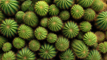 Fototapeta premium Dense, overhead view of various green cacti with sharp spines textured surfaces. Vibrant collection of prickly green cacti showcasing unique ribbed patterns fuzzy spines in natural organic arrangement