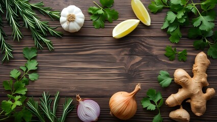 Organic Herbal Ingredients on Wooden Background with Wellness Vibe