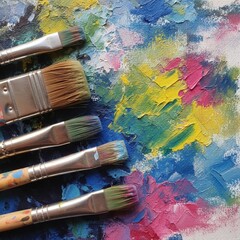 Obraz premium Vibrant paint brushes resting on a colorful canvas with various paint strokes