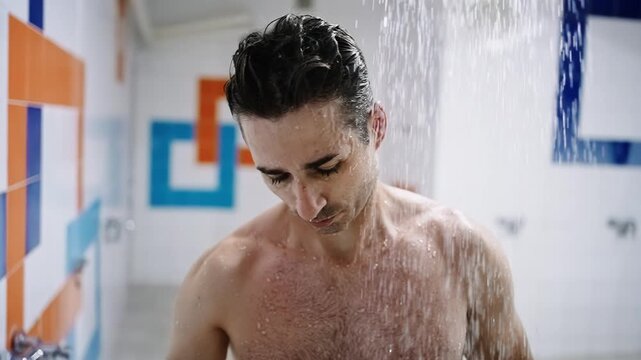 A contemplative moment under the shower, where water cascades down, creating a serene atmosphere and highlighting self-reflection and personal cleansing.