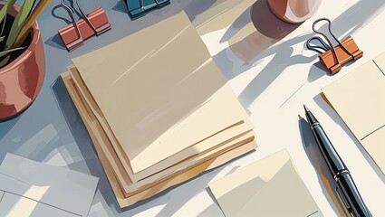 sunlit desk stationery flat lay with blank papers and pen