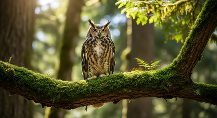 Obraz premium Majestic Great Horned Owl Perched on a Mossy Branch in Sunlit Forest