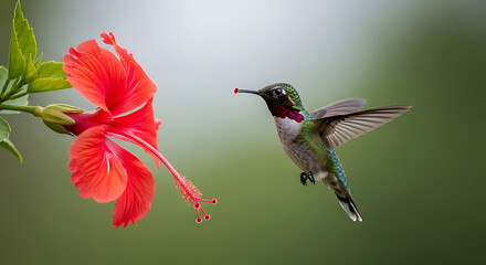 Obraz premium Ruby Throated Hummingbird Hovering Near a Vibrant Red Hibiscus Flower
