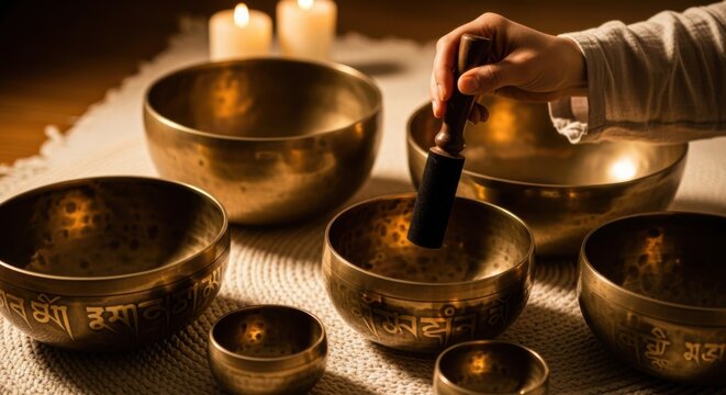 Hand playing Tibetan singing bowls with candles in background for meditation