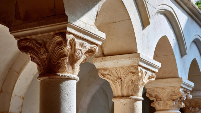 Carved stone capital beneath ogival arch, detailed column, historic architecture, sunlight