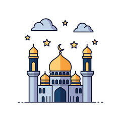 Islamic Mosque with Golden Domes and Minarets under Night Sky vector illustration