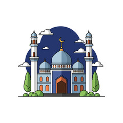 Islamic mosque at night with crescent moon and stars vector illustration flat design