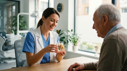 Fototapeta premium Dentist Explaining Procedure to Senior Patient. Concept featuring dentist, elderly patient, dental care, healthcare, medical consultation.