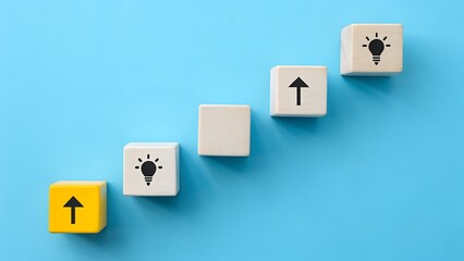 Obraz premium Ascending Blocks with Arrows and Light Bulbs – Strategy, Abstract, Conceptual, Business, Growth, Innovation, Progress, Development, Symbolism