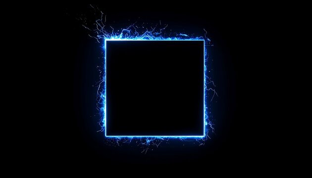 Electrifying! A black square enveloped by dynamic blue lightning arcs against an opaque black background creates high contrast