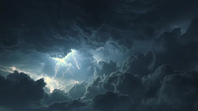 Dark Cloudy Sky with Lightning Flash in Dramatic Stormy Weather Conditions
