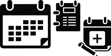 Calendar and schedule vector icons with medical appointment reminder symbol and pen illustration
