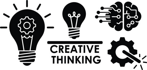 Vector illustration set of creative thinking symbols including light bulb brain and gear icons for innovation concepts