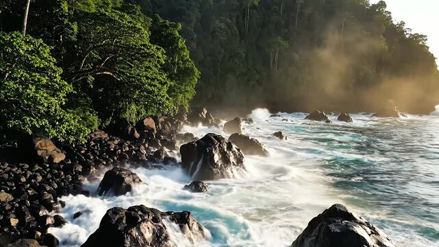 Cinematic Aerial View of Lush Tropical Jungle Meeting Rocky Shore
