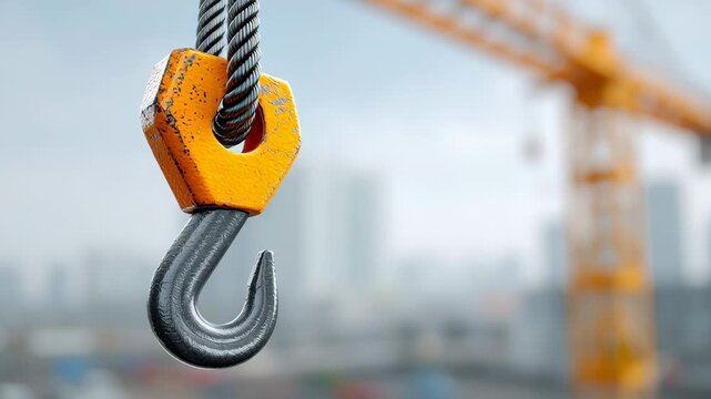 Heavy-duty crane hook with yellow and black color scheme suspended above a construction site, showcasing the hook's details and the blurred background of buildings and machinery