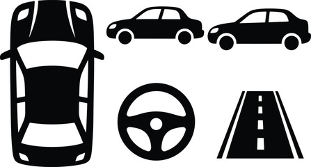 Vector car and transportation icons including steering wheel and road symbols