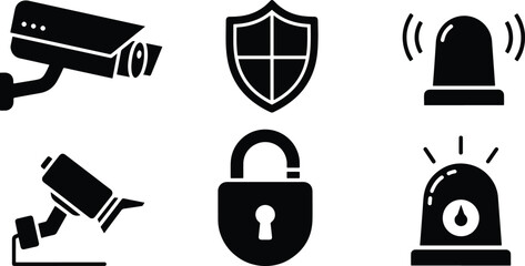 Vector security icons including CCTV camera shield alarm siren and padlock symbols