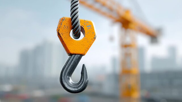 Heavy-duty crane hook with steel cable suspended in the foreground, showcasing a blurred construction site and crane in the background, emphasizing industrial machinery in action