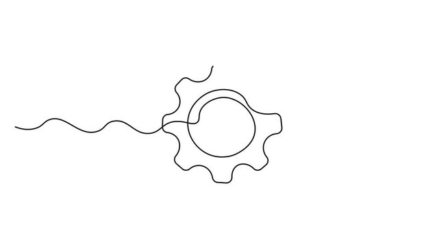 Gear continuous one line art icon animation. Continuous one line gear wheel team setting animation. Computer cogwheel technology sketch drawing. Gears in a continuous line drawing animation