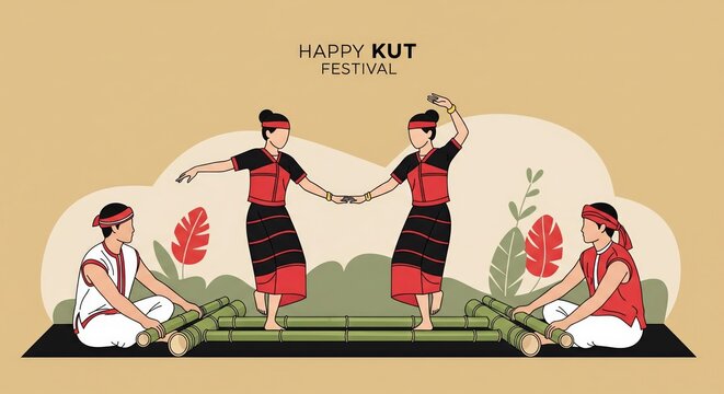Happy Kut Festival Banner with Traditional Cheraw Bamboo Dance