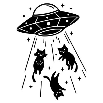 Funny UFO Cat Abduction Vector Illustration - Cute Alien Spaceship Silhouette with Kittens - Whimsical Sci-Fi Graphic for Cat Lovers and Space Apparel Design