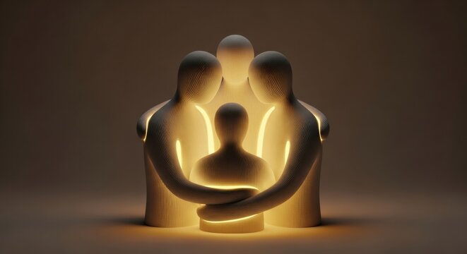 Abstract 3D Art of Three Entities Hugging and Protecting a Smaller Figure
